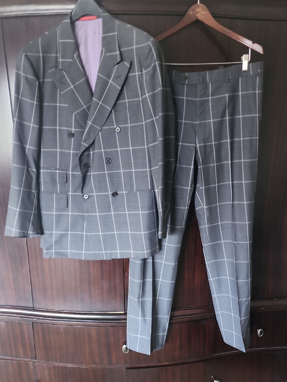 Isaia Gray Windowpane Double-Breasted Suit with White Grid